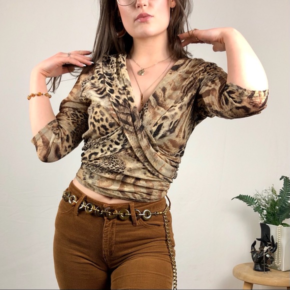 1990s leopard print cross front micromesh blouse - Picture 3 of 6